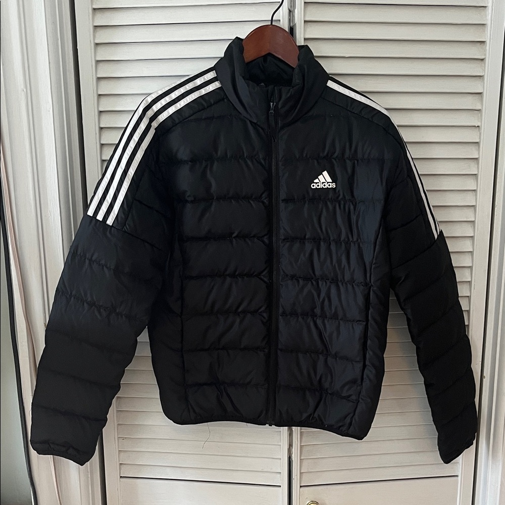 Adidas Black puffer Jacket with White Stripes